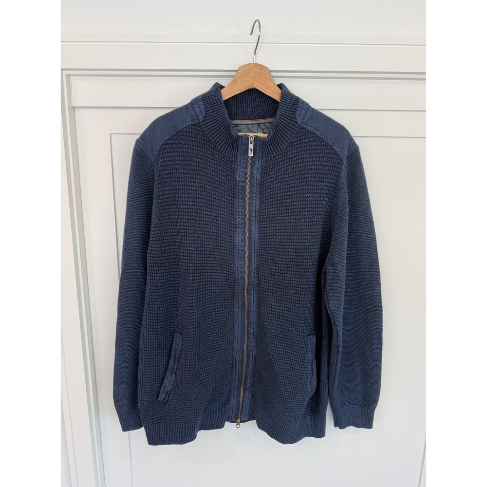 Tommy Bahama Mens Blue Waffle Tidemark Zip Cotton Cardigan Sweater - Large